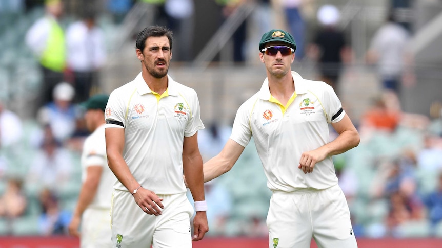 Mitchell Starc and Pat Cummins walk on the cricket field.