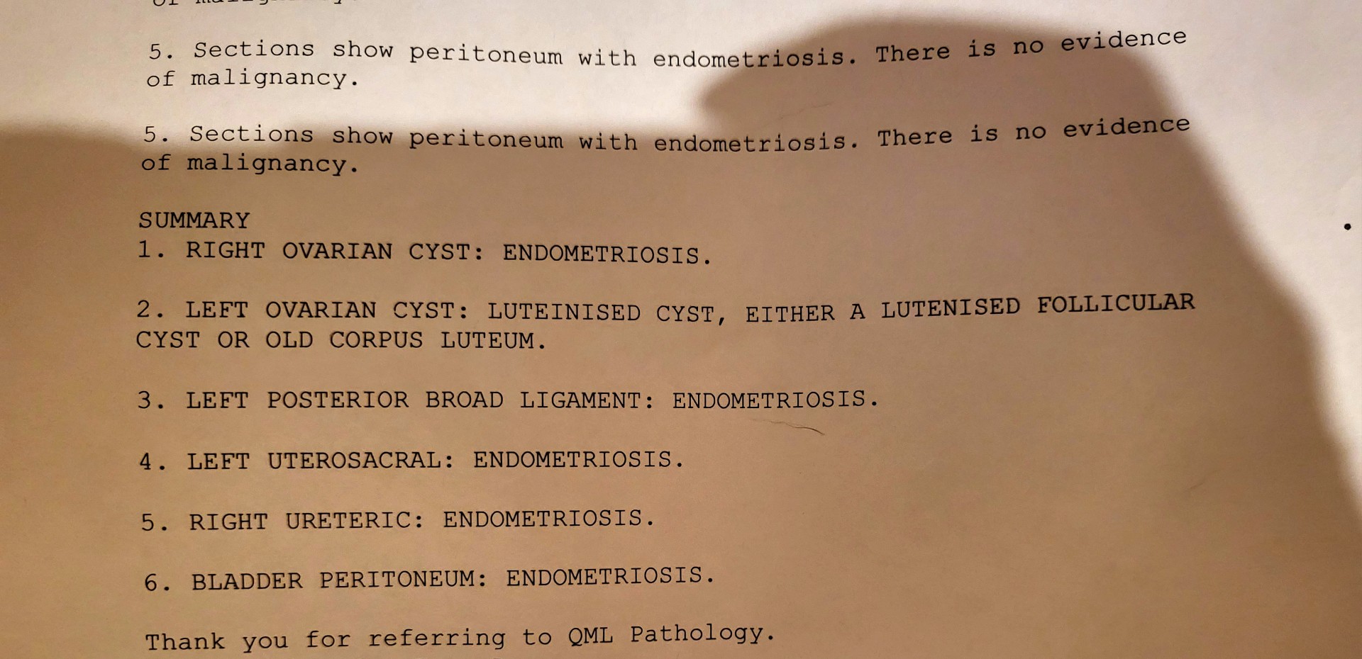 A pathology report confirming endometriosis. 