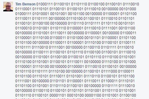 A Facebook comment containing binary.