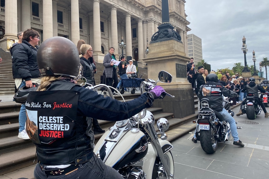 Motorcyclists and other demonstrators rallying outside Victorian Parliament House