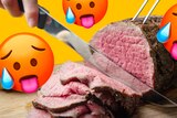 Roast beef being sliced on a chopping board, overlaid with three emojis of a person sweating.