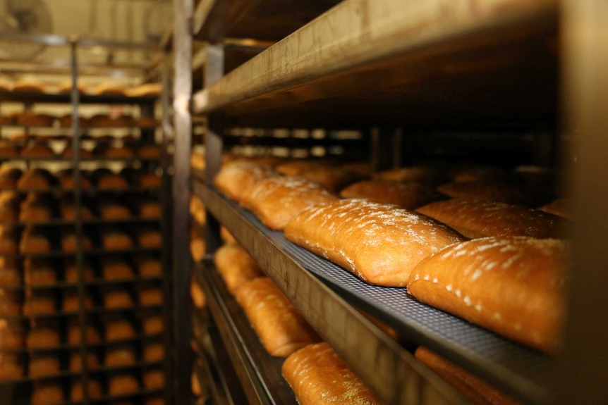 Fresh bread sitting on racks at a wholesale bakery