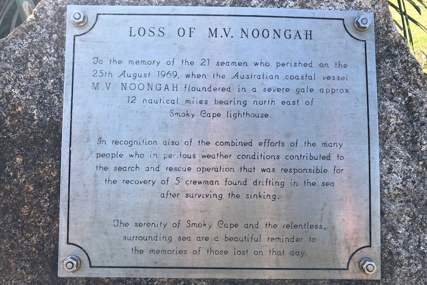 A plaque with writing on it commemorating the loss of the MV Noongah cargo ship