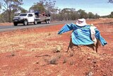 A ute passes a termite mound dressed in a blue shirt in the outback.
