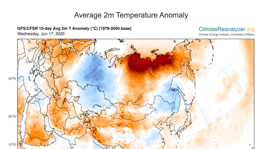 map showing hot temperatures in Siberia