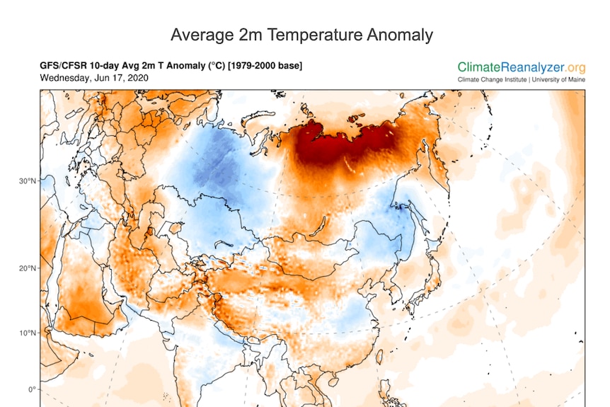 map showing hot temperatures in Siberia