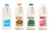 Four bottles of milk, Lite Milk, Gippy Milk, Gippy full cream milk and Maxi lite milk.