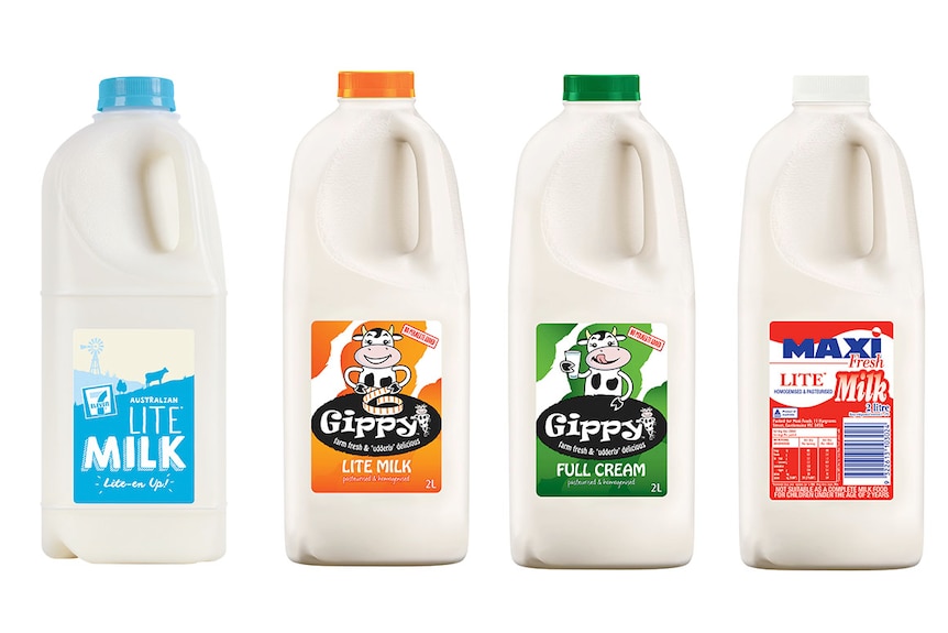 Four bottles of milk, Lite Milk, Gippy Milk, Gippy full cream milk and Maxi lite milk.