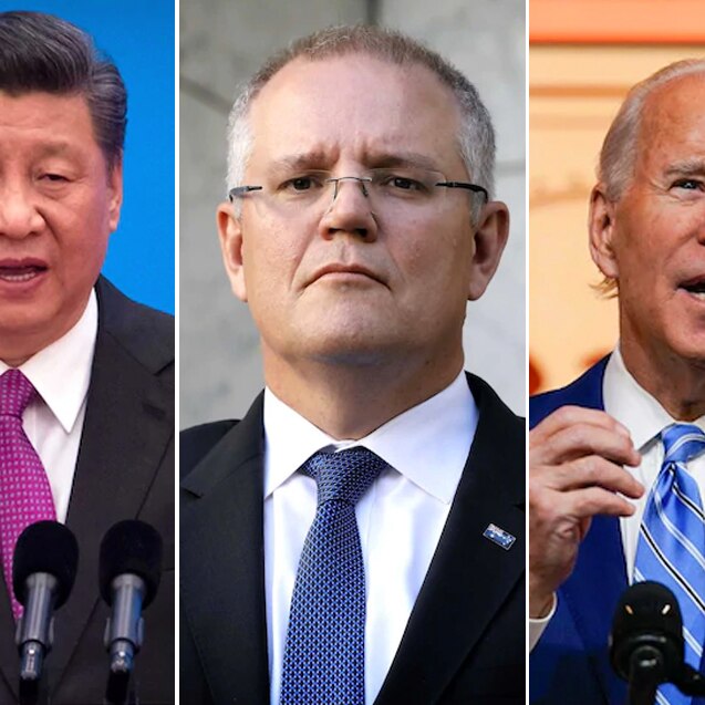 A composite image of Xi Jinping, Scott Morrison and Joe Biden