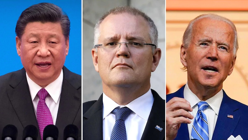 A composite image of Xi Jinping, Scott Morrison and Joe Biden