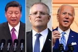 A composite image of Xi Jinping, Scott Morrison and Joe Biden