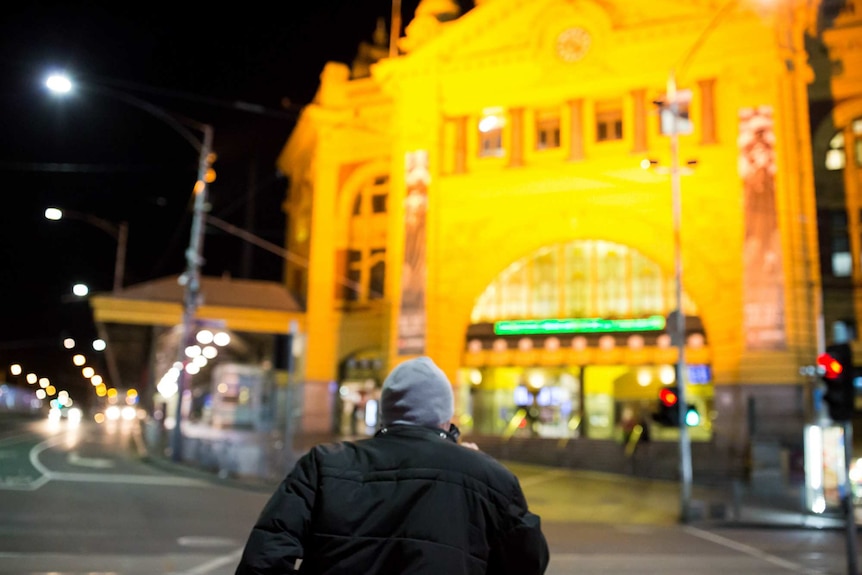 Homeless man at Flinders St Station