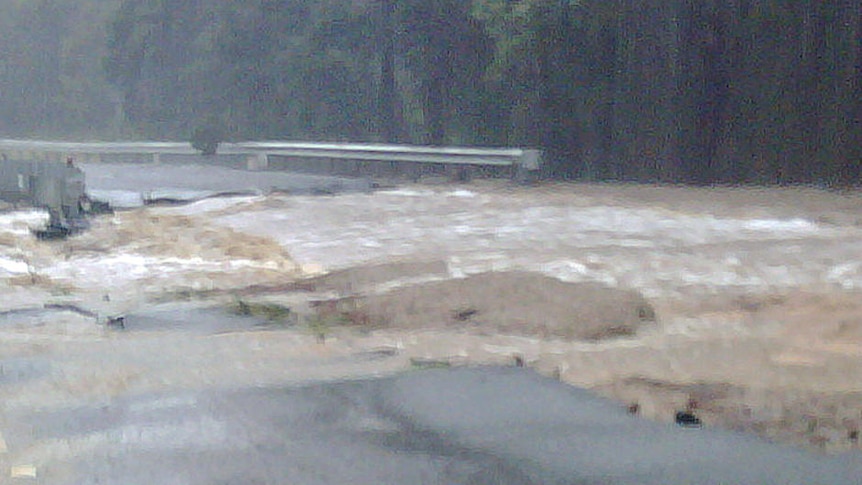 The floods lifted a large section of the Tasman Highway near St Helens.
