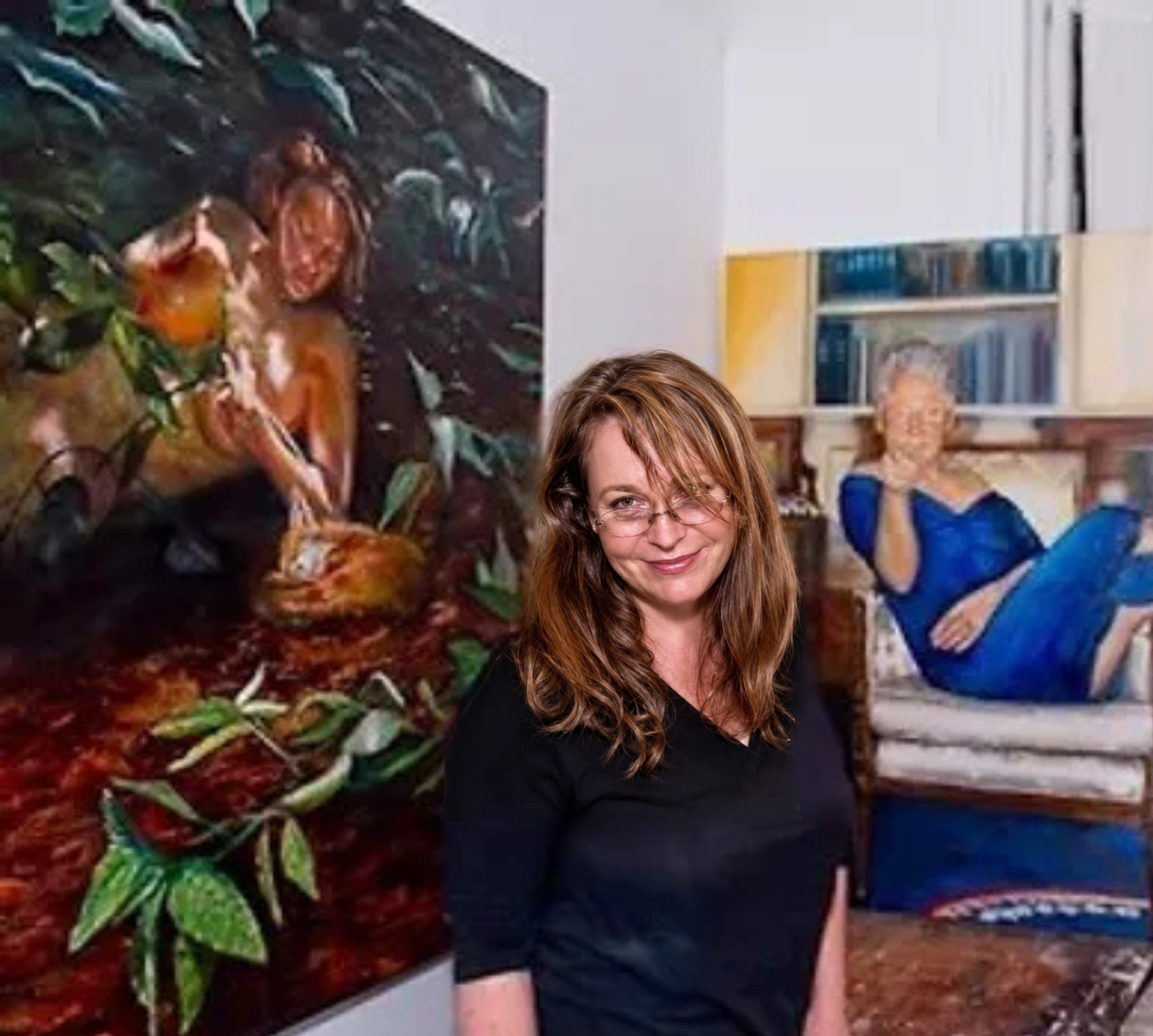 Woman smiles in front of portraits being exhibited