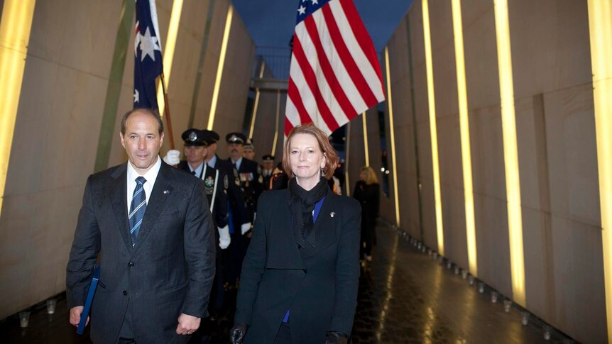 Julia Gillard and Jeffrey L Bleich at the national commemoration ceremony for the 9/11 anniversary