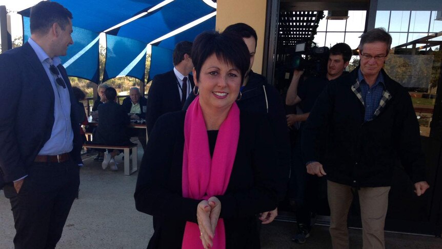 Alyssa Hayden, wearing a pink scarf, and standing in the foreground, with a cameraman and Liberal party officials behind her.