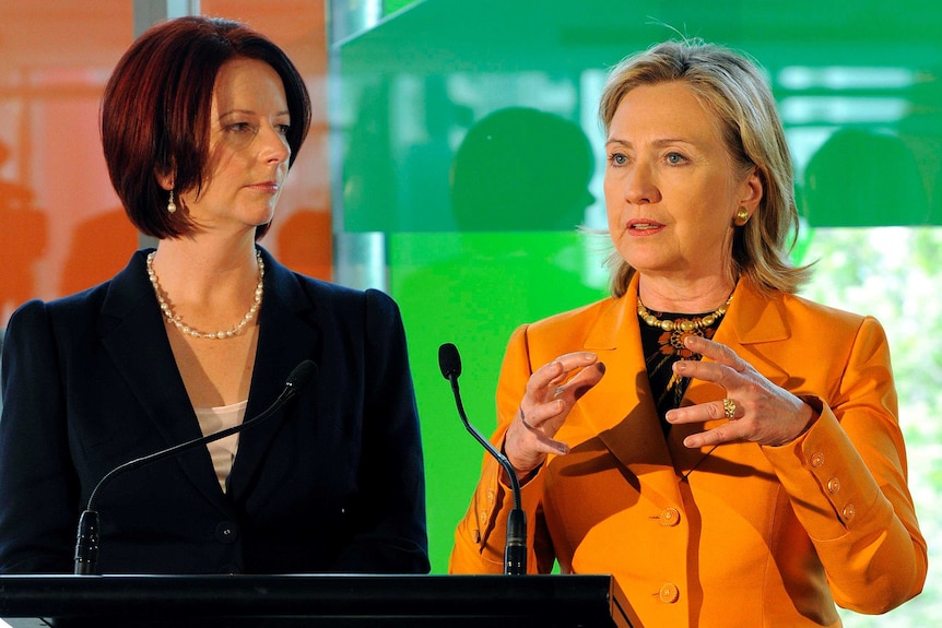 LtoR Julia Gillard, when she was prime minister, and US Secretary of State Hillary Clinton.