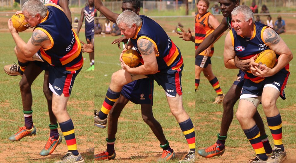Three images of NT Police Sergeant Scott Rose taking a contested mark in football game.