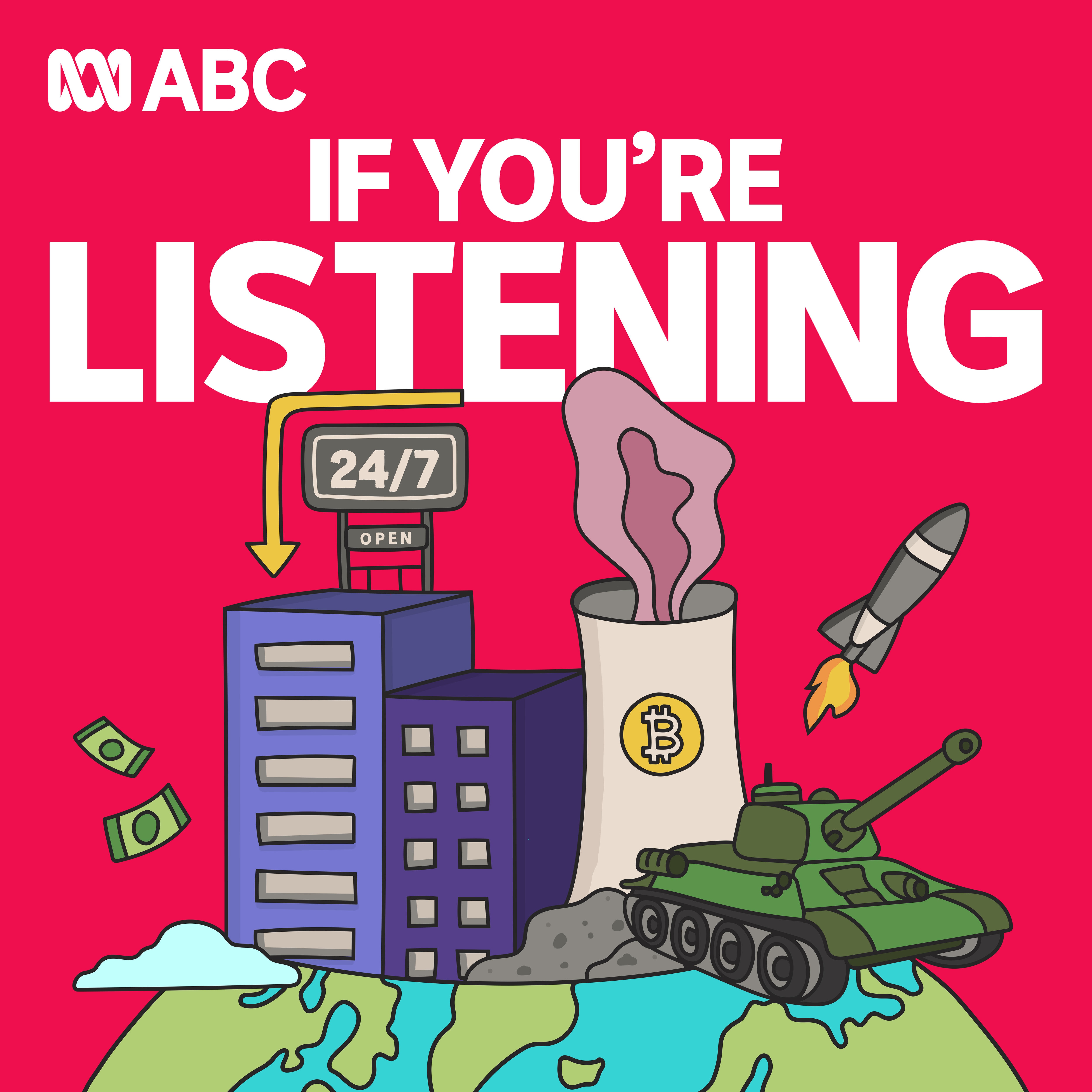 Graphic reads If you’re listening above a 24/7 ATM, Bitcoin cup, rocket, and tank on a melting Earth
