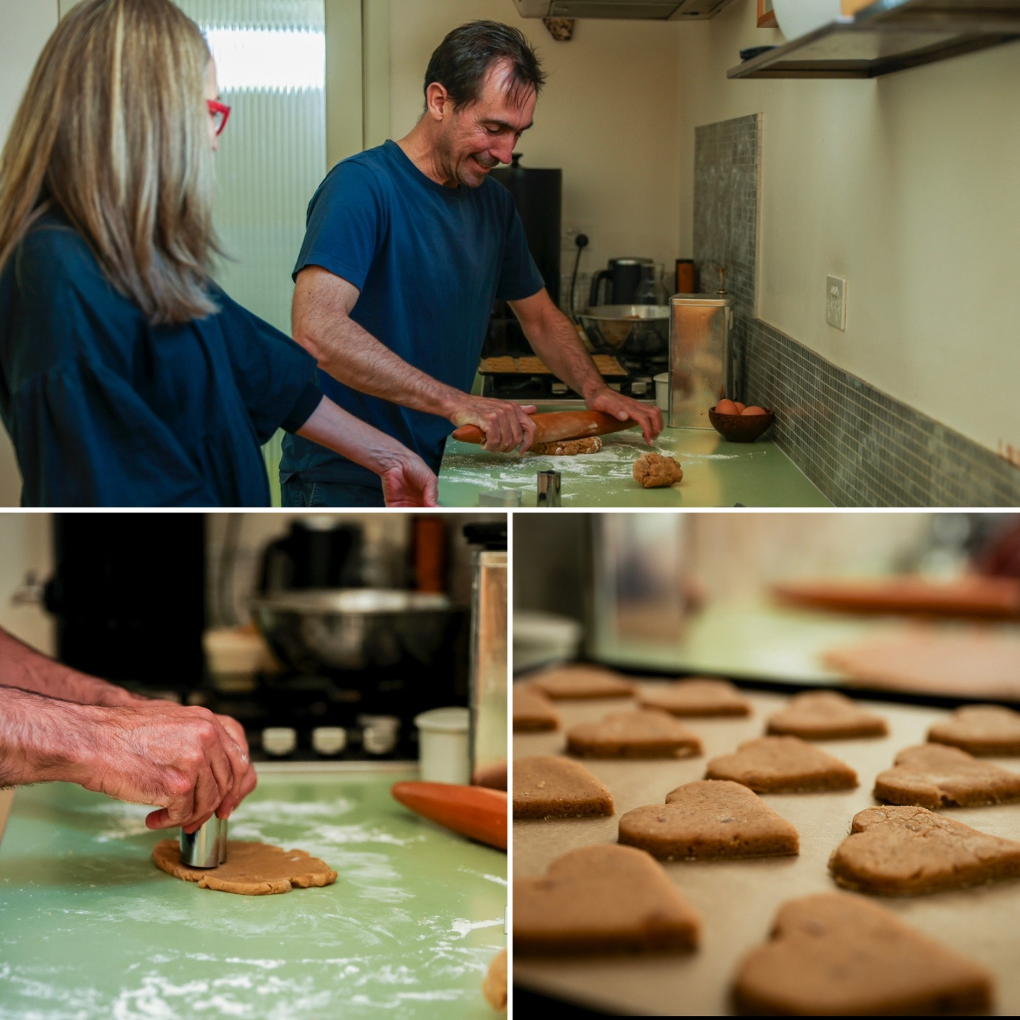 Multiple images showing a man and a woman rolling biscuit dough, hands cutting the dough and a tray of heart-shaped biscuits.