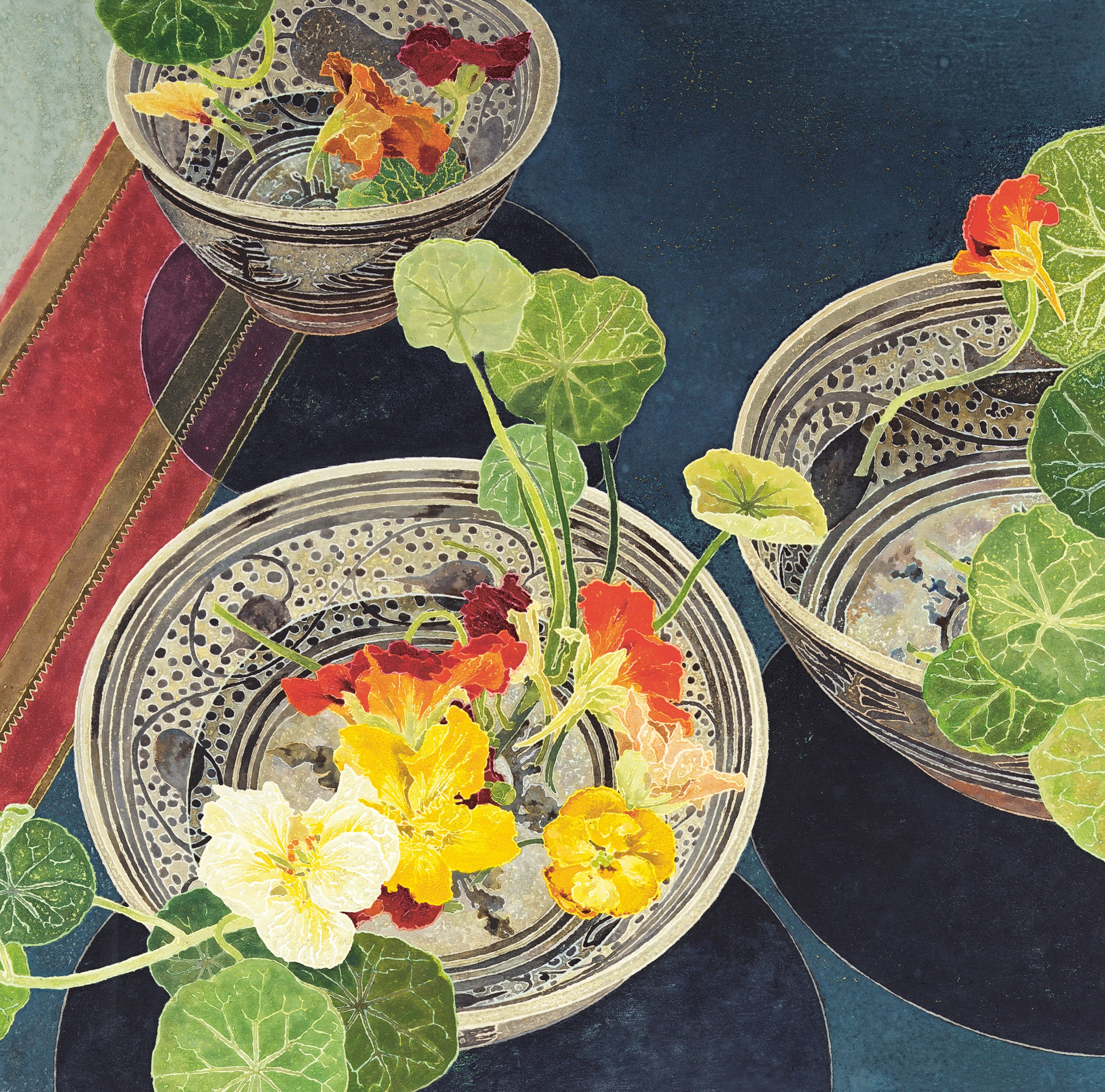 A painting of brightly red, yellow and white nasturtium cuttings, in three blue and white china bowls