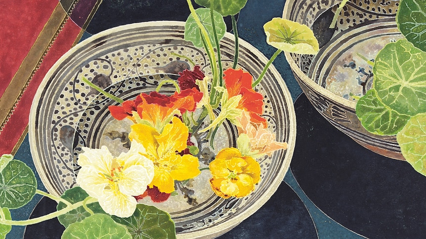 A painting of brightly red, yellow and white nasturtium cuttings, in three blue and white china bowls