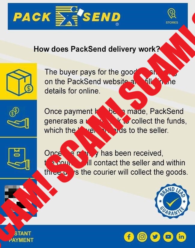 A screenshot of an email impersonating PackSend delivery explaining how a scam works.