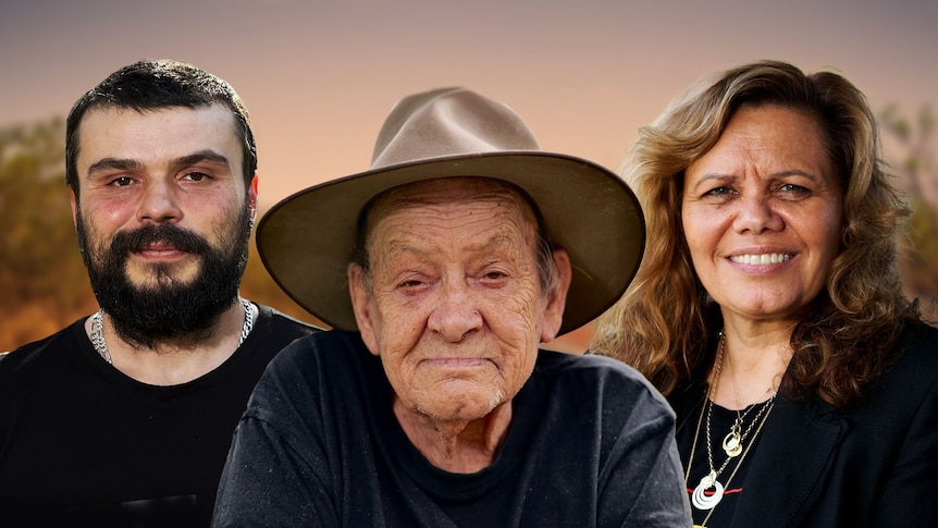 Close-up of three Indigenous Australians, two men, one wearing a wide-brimmed hat, and one woman