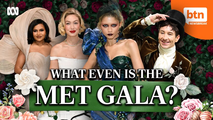 Four people wearing haute couture fashion from the met gala, surrounded by flowers.