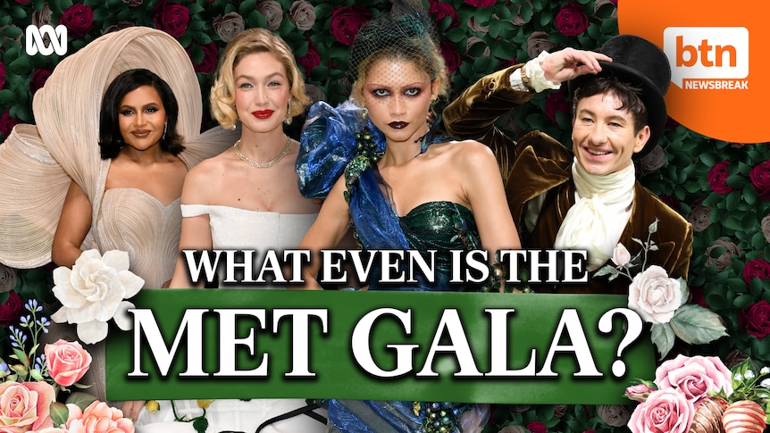 Four people wearing haute couture fashion from the met gala, surrounded by flowers.