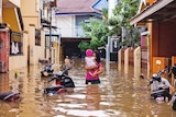 A woman wearing a pink shirt carries her daughter through floodwater in between two rows of houses.