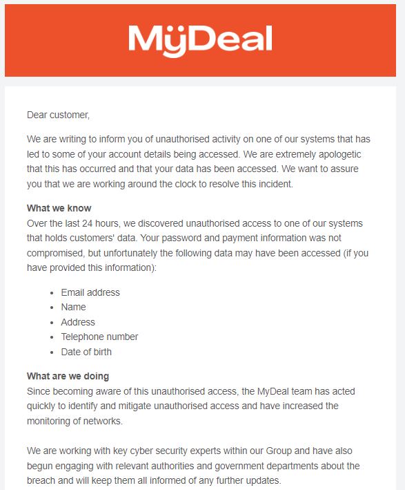 A screenshot of an email sent to MyDeal customers affected by its data breach 