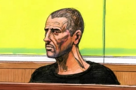 A sketch of Shane Brown sitting in a Melbourne court room.