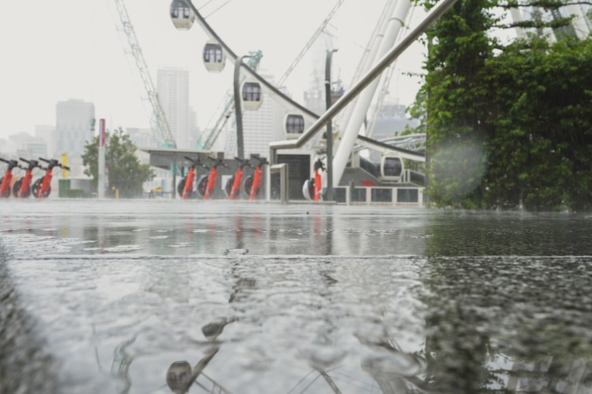 A misty city in the background and wet ground. 