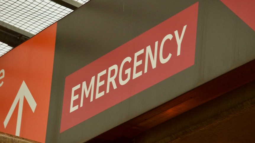 A red emergency sign at a hospital in Melbourne.