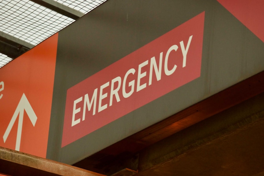 A red emergency sign at a hospital in Melbourne.