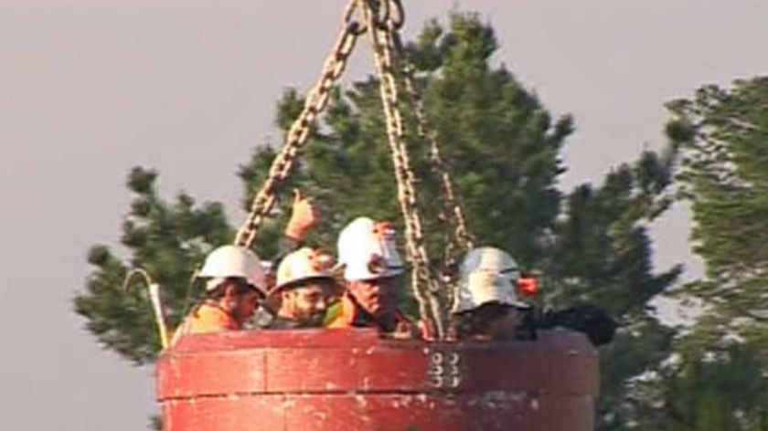 A thumbs up from one of the miners rescued from the Lihir Gold Mine at Ballarat.