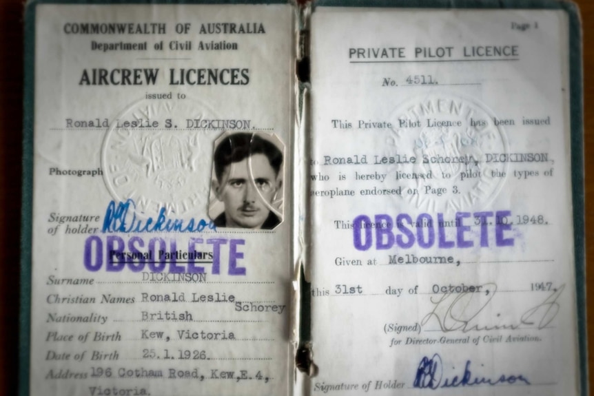 An old faded private pilot licence for Ronald Dickinson.