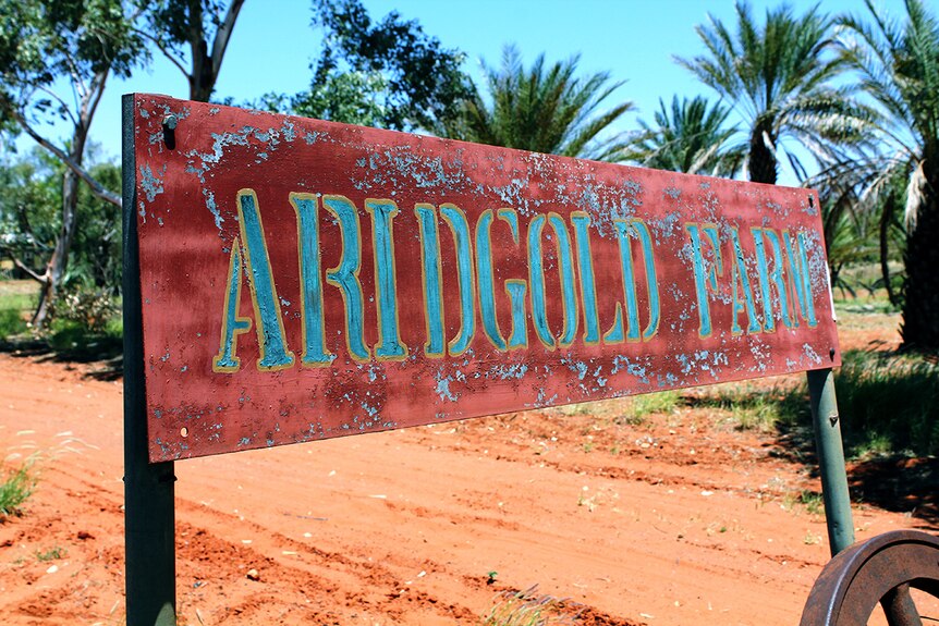 A sign indicates the Aridgold Farm property located 70 kilometres south of Alice Springs