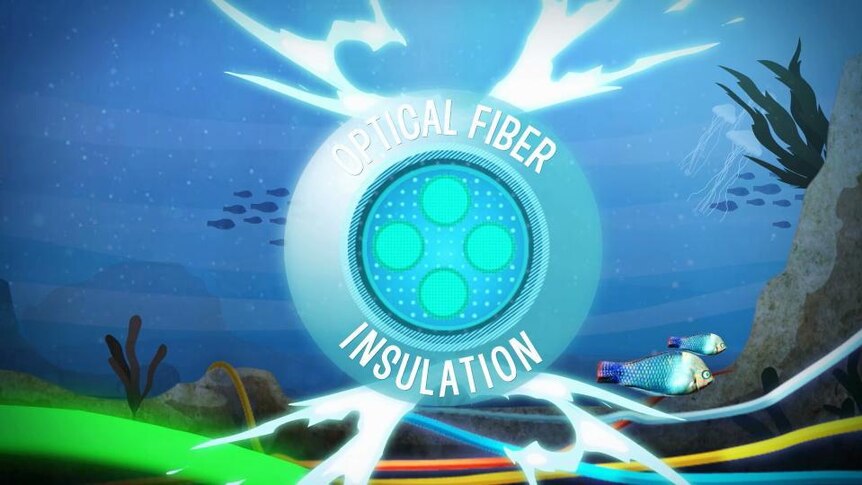 Graphic image of undersea environment, cross section of pipe with text "Optical Fiber"