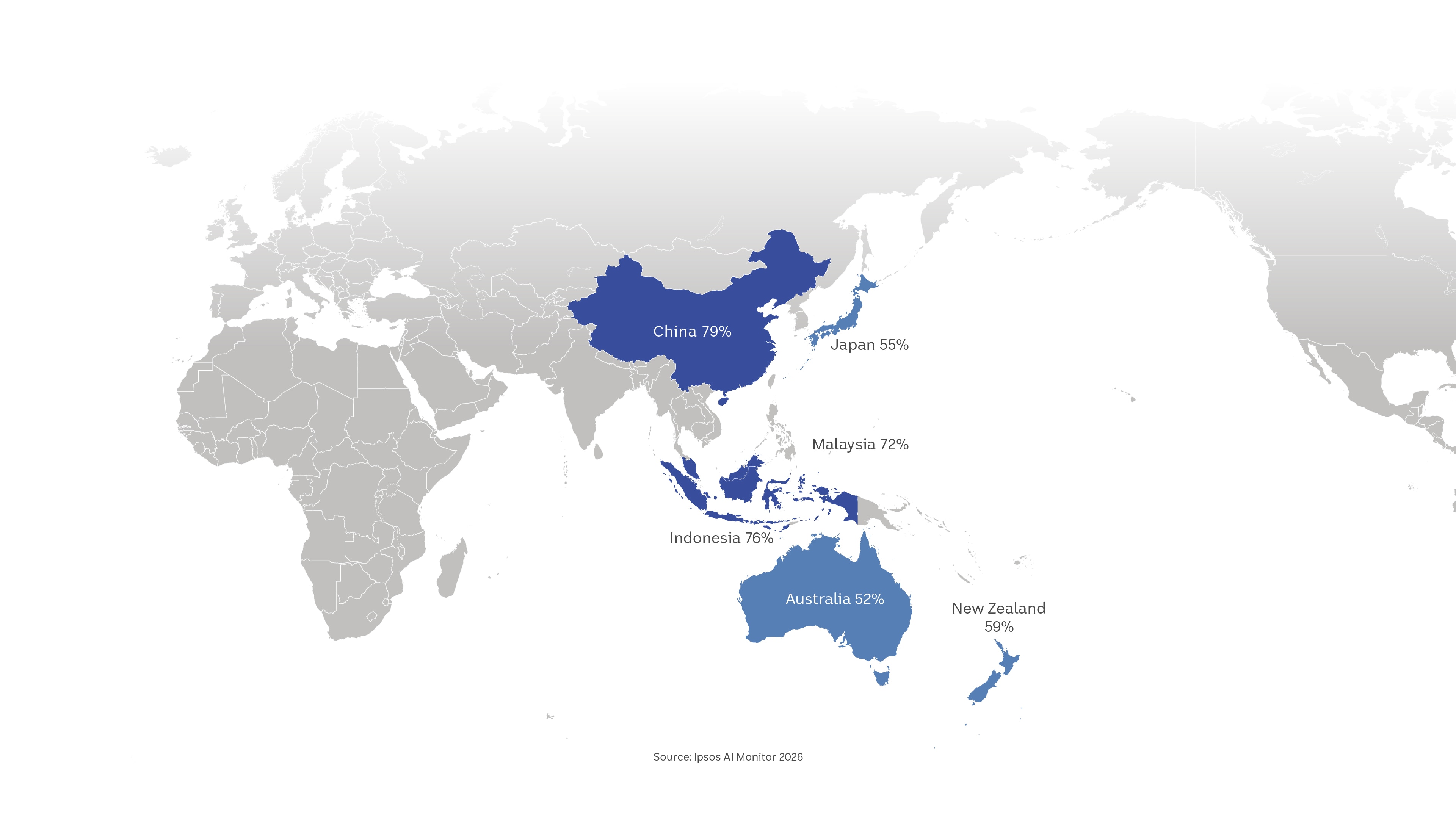A world map highlighting Japan on 55 per cent, New Zealand 59 per cent and Australia 52 per cent.