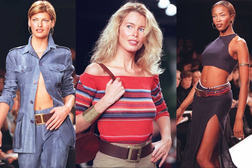 Linda Evangelista, Claudia Schiffer and Naomi Campbell model Ralph Lauren fashions during the mid-1990s.