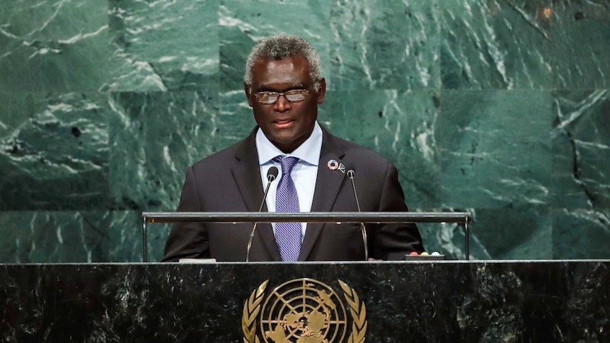 Soloman Islands' Prime Minsiter Manasseh Sogavare addresses the UN General Assembly in New York.