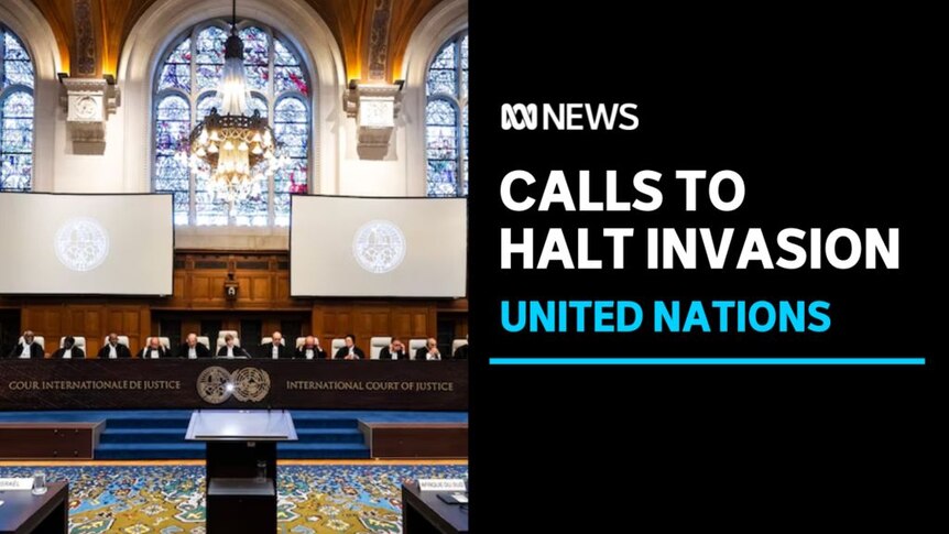 Calls to Halt Invasion, United Nations: A wide interior shot of International Court of Justice members seated in a row