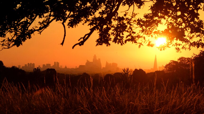 Silhouettes of buildings in London bake under a hot red sun.