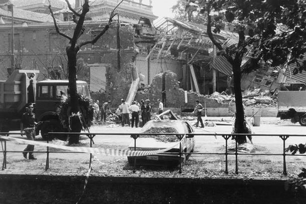 A black and white image of a bomb site
