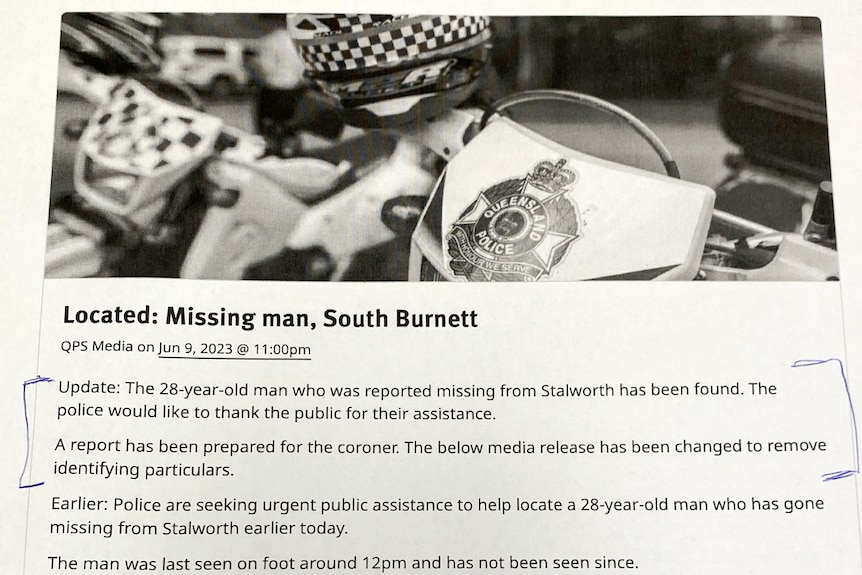 A print out of a police media press release saying a missing man has been located