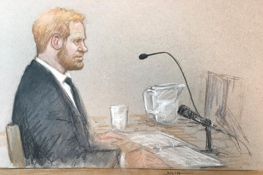 A sketch of prince harry sitting in front of a microphone in a courtroom