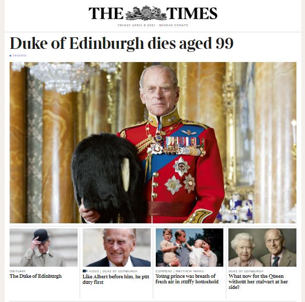 The Times website after the death of Prince Philip.