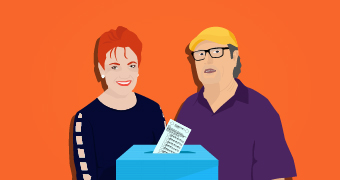 Illustration of woman and man with ballot box